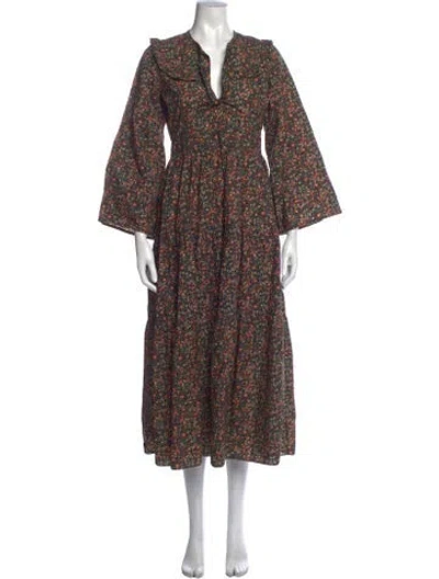 Pre-owned Doen Floral Print Long Dress In Green