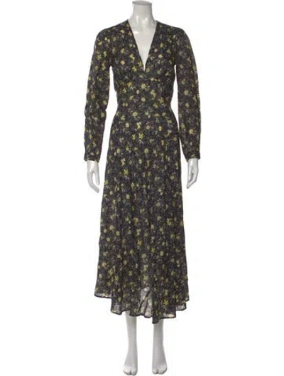 Pre-owned Doen Floral Print Long Dress In Green
