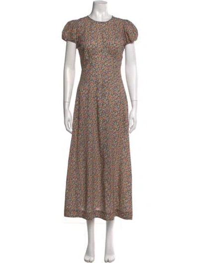 Pre-owned Doen Floral Print Long Dress In Green