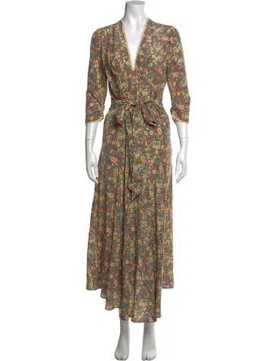 Pre-owned Doen Floral Print Long Dress In Green