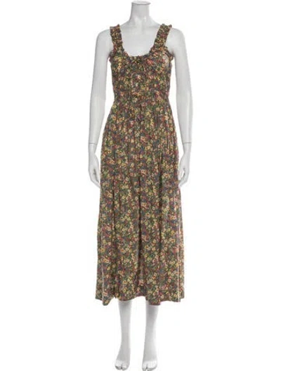 Pre-owned Doen Floral Print Long Dress In Green