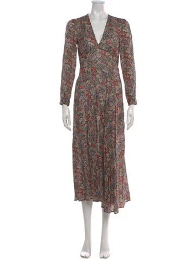 Pre-owned Doen Floral Print Long Dress In Green