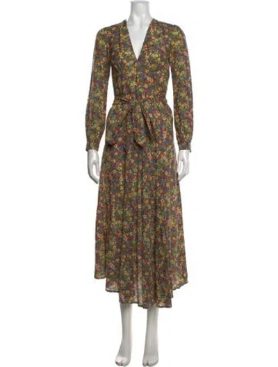 Pre-owned Doen Floral Print Long Dress In Green