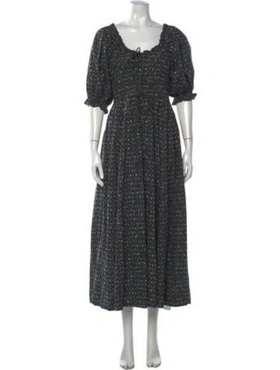 Pre-owned Doen Floral Print Long Dress In Green
