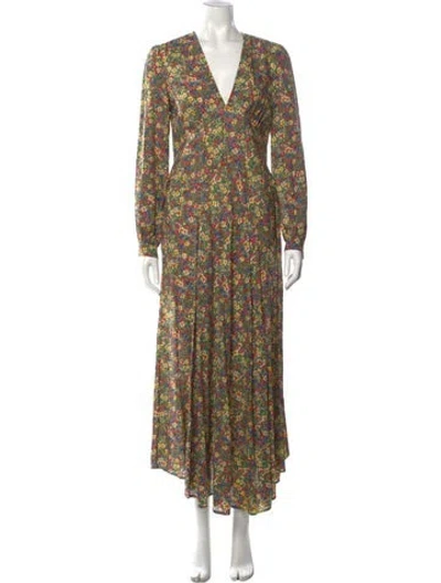 Pre-owned Doen Floral Print Long Dress In Green