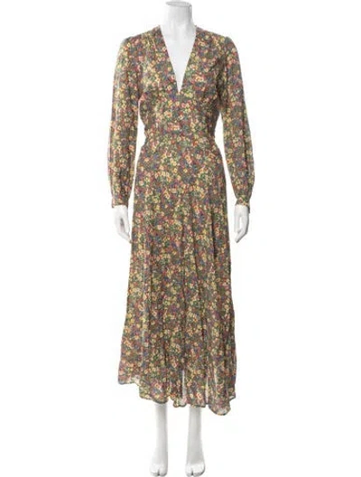 Pre-owned Doen Floral Print Long Dress In Green