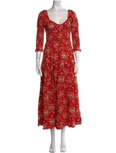 Pre-owned Doen Floral Print Long Dress In Red