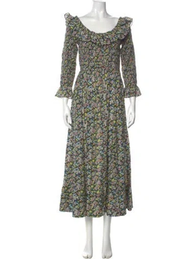 Pre-owned Doen Floral Print Long Dress In White