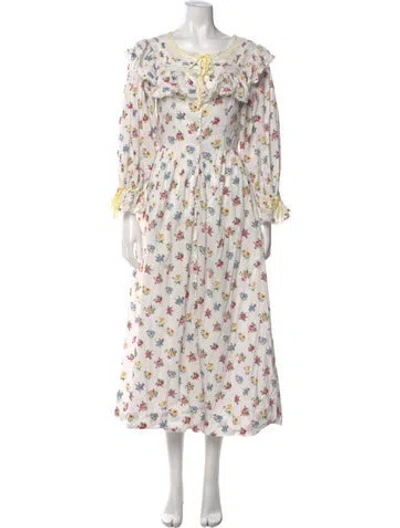 Pre-owned Doen Floral Print Long Dress In White