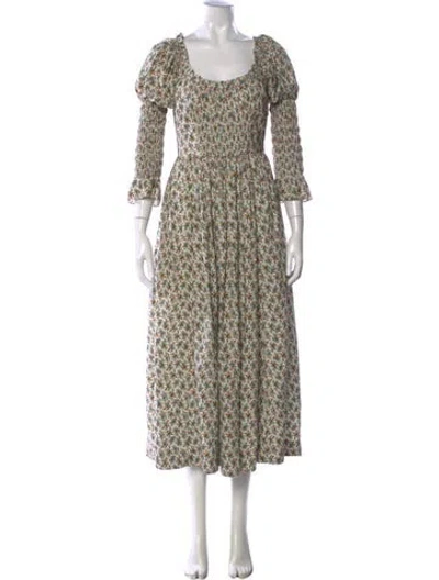 Pre-owned Doen Floral Print Long Dress In White
