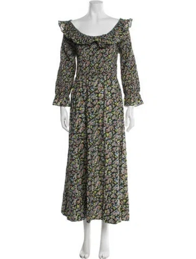 Pre-owned Doen Floral Print Long Dress In White