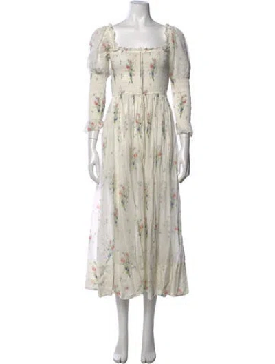 Pre-owned Doen Floral Print Long Dress In White