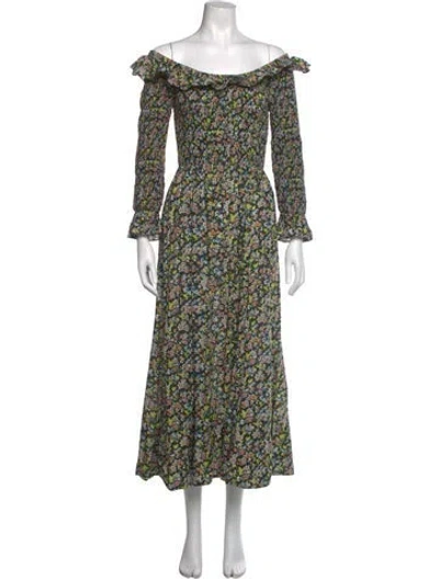 Pre-owned Doen Floral Print Long Dress In White