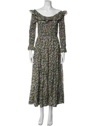Pre-owned Doen Floral Print Long Dress In White