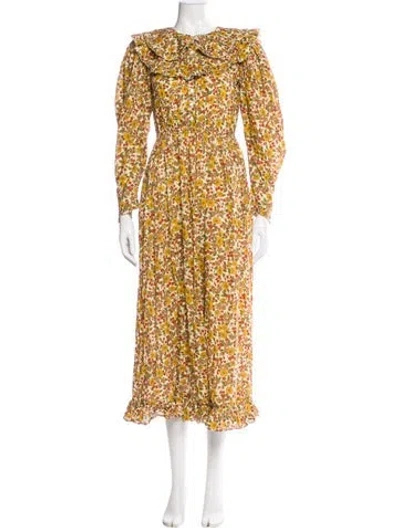 Pre-owned Doen Floral Print Long Dress In Yellow