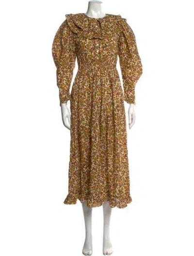 Pre-owned Doen Floral Print Long Dress In Yellow