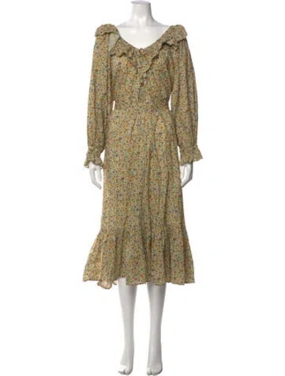 Pre-owned Doen Floral Print Long Dress In Yellow