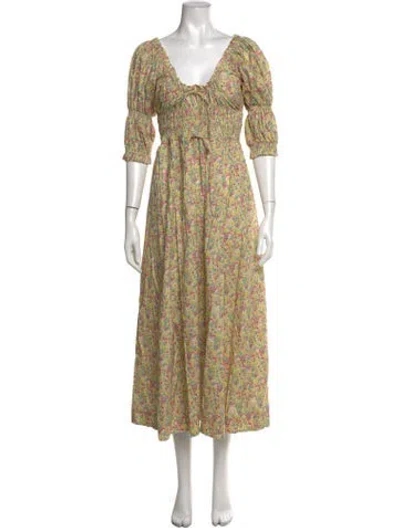 Pre-owned Doen Floral Print Long Dress In Yellow