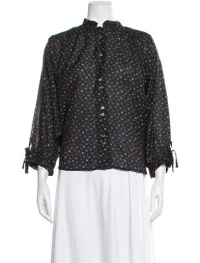 Pre-owned Doen Floral Print Long Sleeve Blouse In Black