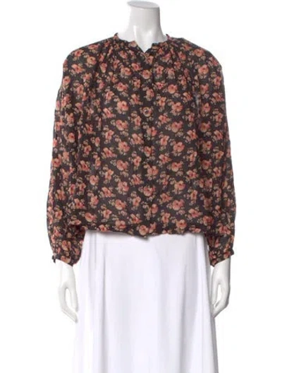Pre-owned Doen Floral Print Long Sleeve Blouse In Black