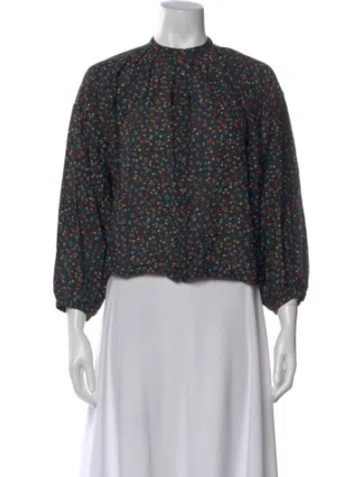Pre-owned Doen Floral Print Long Sleeve Blouse In Black