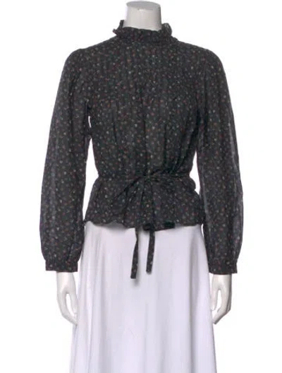 Pre-owned Doen Floral Print Long Sleeve Blouse In Black