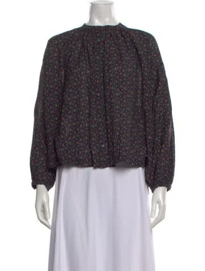 Pre-owned Doen Floral Print Long Sleeve Blouse In Black