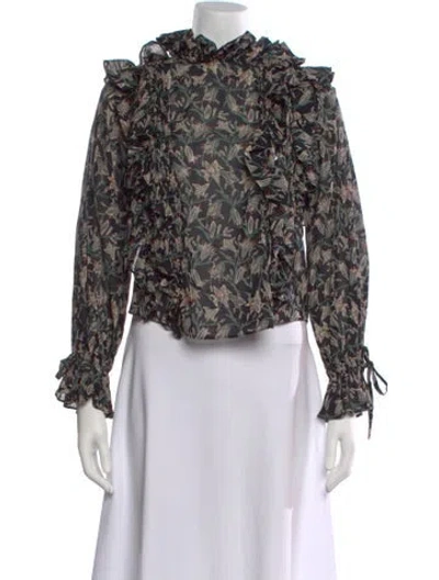 Pre-owned Doen Floral Print Long Sleeve Blouse In Black
