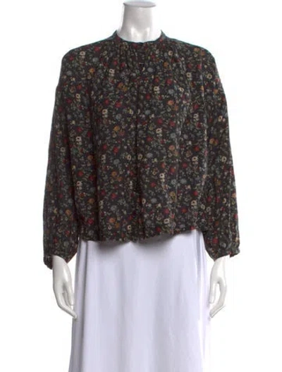 Pre-owned Doen Floral Print Long Sleeve Blouse In Black