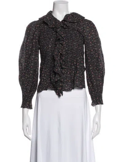 Pre-owned Doen Floral Print Long Sleeve Blouse In Black
