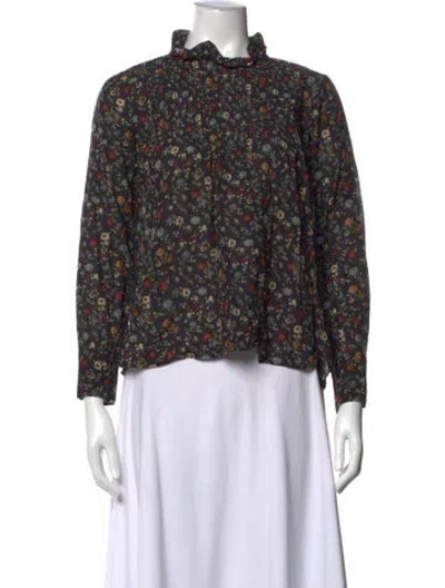 Pre-owned Doen Floral Print Long Sleeve Blouse In Black