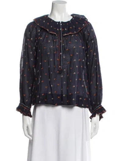 Pre-owned Doen Floral Print Long Sleeve Blouse In Blue