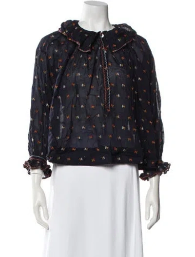 Pre-owned Doen Floral Print Long Sleeve Blouse In Blue