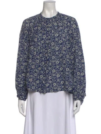Pre-owned Doen Floral Print Long Sleeve Blouse In Blue