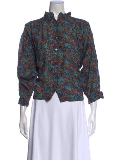 Pre-owned Doen Floral Print Long Sleeve Blouse In Blue