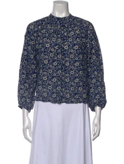 Pre-owned Doen Floral Print Long Sleeve Blouse In Blue