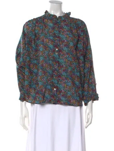 Pre-owned Doen Floral Print Long Sleeve Blouse In Blue