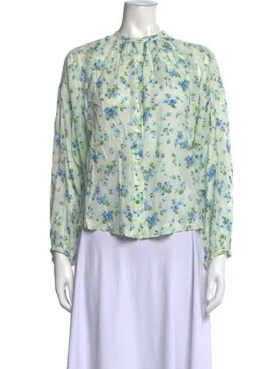 Pre-owned Doen Floral Print Long Sleeve Blouse In Blue