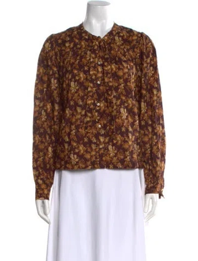 Pre-owned Doen Floral Print Long Sleeve Blouse In Brown