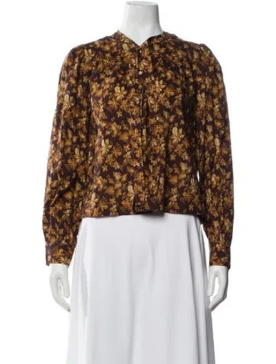 Pre-owned Doen Floral Print Long Sleeve Blouse In Brown