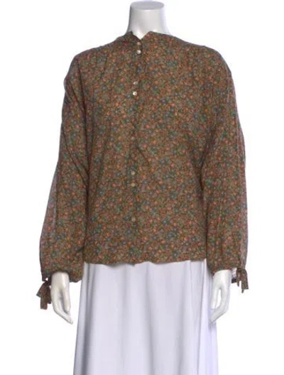 Pre-owned Doen Floral Print Long Sleeve Blouse In Green