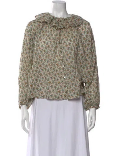 Pre-owned Doen Floral Print Long Sleeve Blouse In Green