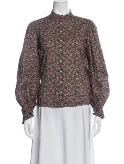 Pre-owned Doen Floral Print Long Sleeve Blouse In Green
