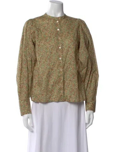 Pre-owned Doen Floral Print Long Sleeve Blouse In Green