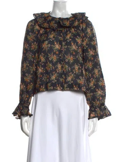 Pre-owned Doen Floral Print Long Sleeve Blouse In Green