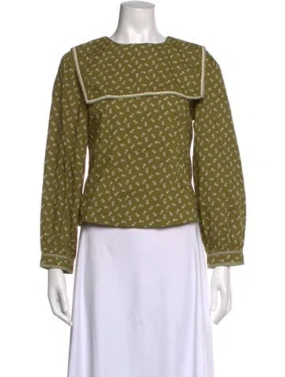 Pre-owned Doen Floral Print Long Sleeve Blouse In Green
