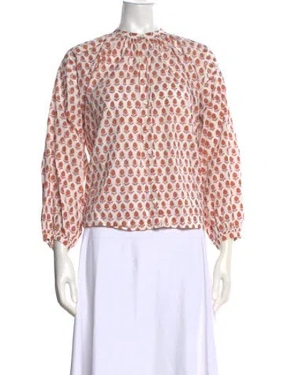 Pre-owned Doen Floral Print Long Sleeve Blouse In White