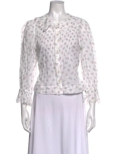 Pre-owned Doen Floral Print Long Sleeve Blouse In White