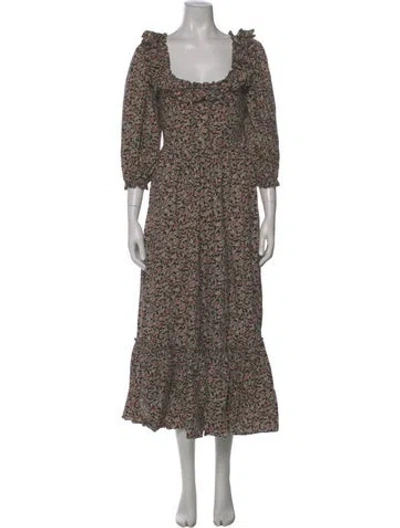 Pre-owned Doen Floral Print Midi Length Dress In Black
