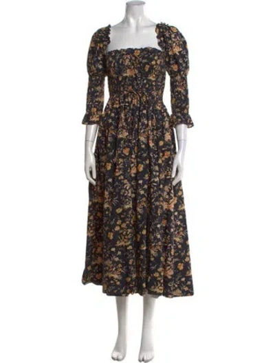 Pre-owned Doen Floral Print Midi Length Dress In Black